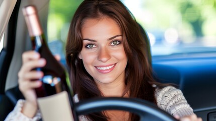 Dangerous behavior  woman driving under the influence with wine bottle, posing a road risk