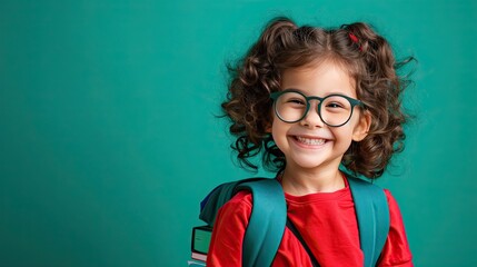 Young boy with curly dark hair and round glasses is happy funny cute little child boy smiling and...