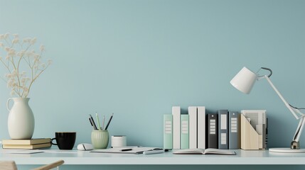 A modern office desk set against a pale blue wall, neatly arranged with books and supplies, and ample copy space for text or product display.