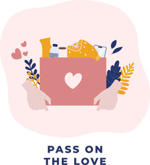 Donation and volunteer work concept minimal illustration in pastel. Hand holding used items in donation care box. For banner, social media, mobile app, web, landing page, poster, campaign, infographic