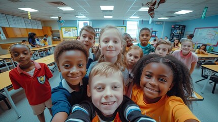 Class selfie in an elementary school. Kids taking a picture together in a co-ed school in a classroom. AI Generated