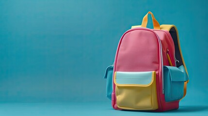 Classic colored school backpack with supplies on isolated blue background, Space for text. - AI...