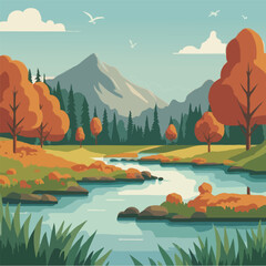 vector nature forest landscape at daytime scene with river 