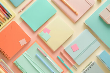Overhead shot with files, stationery (sticky notes, pens, and planner), and a desk organizer on a isolated ivory surface.