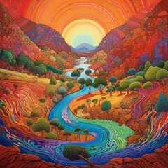a colorful painting of a river running through a valley surrounded by mountains , generated by AI - obrazy, fototapety, plakaty