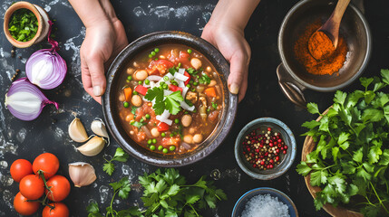 Rustic Mexican Delight: Traditional Red Pozole Soup from Above. Generative AI