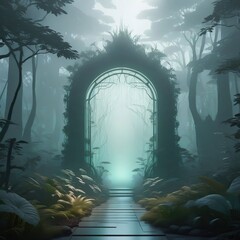 Mysterious forest door in the fog