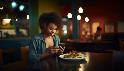 Woman using diet app on smartphone, calculating calories of her dinner,  Nutrition, Paleo, Diet application concept