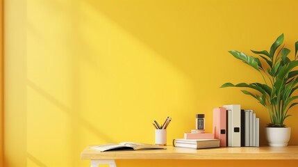 An airy office space with a neat desk, arranged with books and supplies, against a gentle yellow wall, offering a bright and inviting space for text or products.