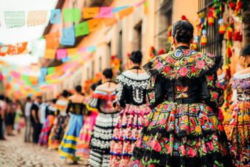 Colorful scene of a Mexican cultural festival with women dressed in vibrant traditional embroidered dresses.