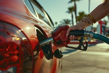 Close-up of a man filling up his car with gas at a gas station. - obrazy, fototapety, plakaty