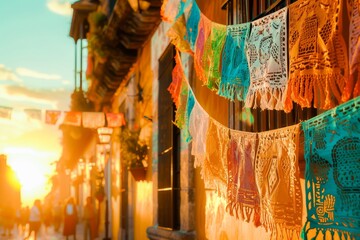 Colorful traditional Mexican papel picado decorations hanging in a vibrant street at sunset, showcasing cultural heritage.