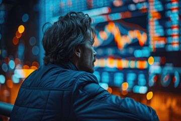 A thoughtful man in a blue jacket observes stock market screens at night, the city lights casting a vibrant glow, epitomizing strategic economic contemplation.