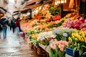 Colorful flower market with fresh tulips and bouquets, bustling with shoppers on a city street.