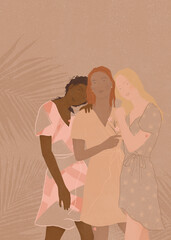 a group of three powerful multi ethnic women standing stronger together celebrating International Women's Day Boho style Boho chic
