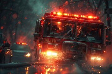 A firetruck bathed in the reflective glow of a wet street, with its lights piercing through the misty evening, stands ready amid an urban downpour.