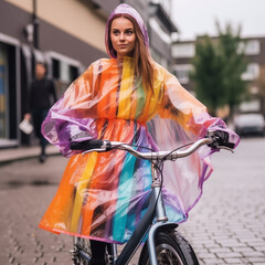 Une femme à velo sous la pluie avec un anorak transparent et coloré