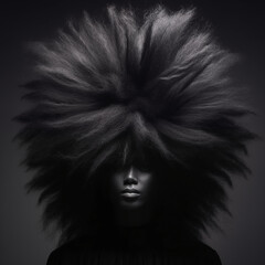 Le portrait d'une femme avec des cheveux imposants noir décoiffés et électrique, ébouriffé, impressionnant et élégant