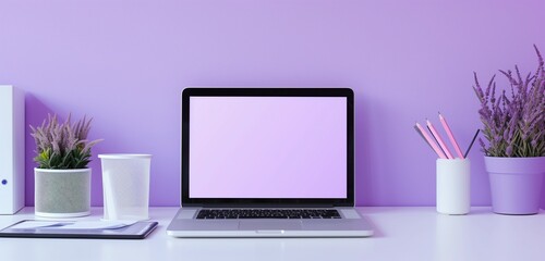 Elegant laptop, documents, pencil holder on white desk; contemporary workspace, calming lavender tones.