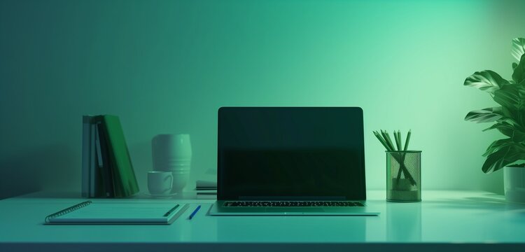 HD laptop, documents, pencil holder on white table; futuristic office, subtle green background.