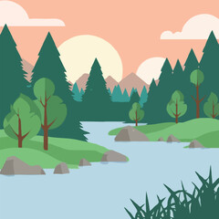 Fototapeta na wymiar vector nature forest landscape at daytime scene with river 