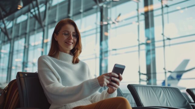 A woman Waits for a Flight, Uses a Smartphone, and sits in the Boarding Lounge of an Airline, view from the airport terminal glass window with a view of an airplane.