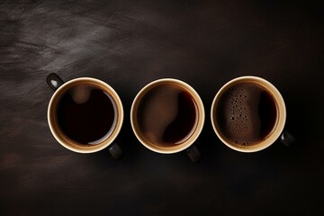 Three black coffee cups on a white background. Generative AI