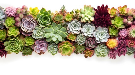Collection of various succulents mix in pots, floral frame top view with copy space on white background, concept of gardening and interior
