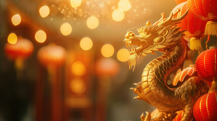 Fototapeta premium Golden Dragon Sculpture Radiating Festive Warmth for Lunar New Year.