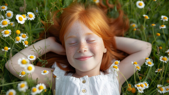 Little girl with ginger hair lying on the field with chamomile. 