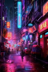 A man strolls through a rainy street in a neonlit city at night. , generated by AI