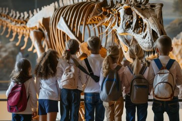 A group of school children view dinosaur skeletons in a museum during a field trip. - obrazy, fototapety, plakaty