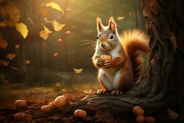 Stunning scene of a charming squirrel enjoying a nut under a tree. Generative AI - obrazy, fototapety, plakaty