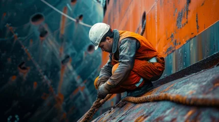 Fototapete Worker cleans the hull of an old ship from rust. Vessel renovation. © PaulShlykov
