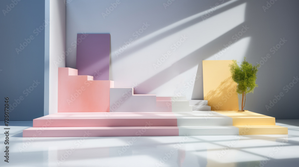 Poster a minimalistic catwalk in multi-colored pastel colors for the presentation of cosmetics with light a