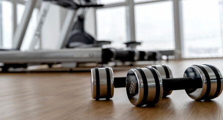 dumbbells and exercise equipment in the gym