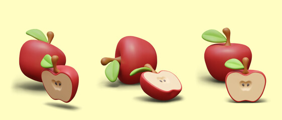 Whole red apple and half. Ripe juicy fruit. Set of 3D images in cartoon style