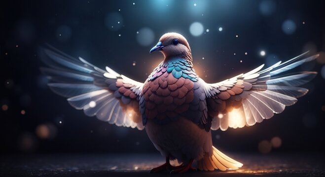Winged dove in the dark background