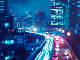 Fototapeta na wymiar Blurred city lights and highway in vibrant urban nightscape. 