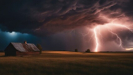 lightning in the night A stormy sky with bright lightning threatens a small wooden house in a golden field. 