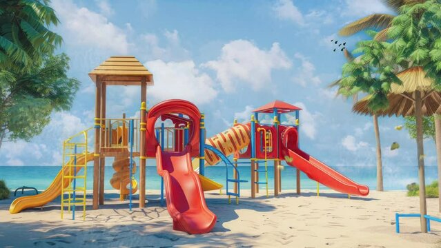 playground on the beach in the summer background. Cartoon or anime watercolor digital painting illustration style. seamless looping 4k video animation background.