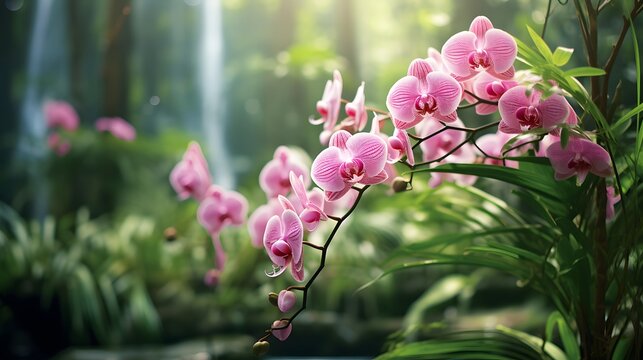 pink wild orchid in green bamboo forest, nature background banner wallpaper