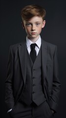 Little boy in a suit  on gray background