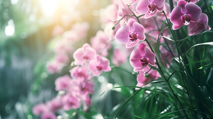 pink wild orchid in green bamboo forest, nature background banner wallpaper - obrazy, fototapety, plakaty