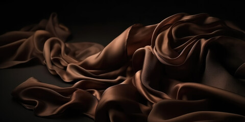 Brown satin drapery fabric on black background. Dark Brown or Chocolate color Silk fabric as background texture, close-up