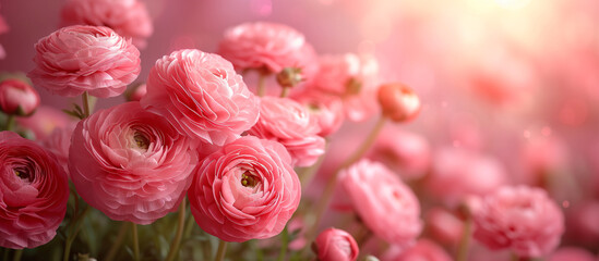 Pink ranunculus flower background. Floral wallpaper, banner. February 14, valentine's day, love, 8 march women's day theme. Mother's day.	
