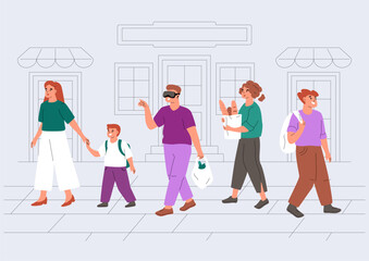 Obraz premium Man in virtual reality glasses walking down the street. People don't pay attention to the technological future. Perception as the norm. Using VR in everyday life. Vector flat illustration.