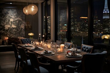Fototapeta na wymiar nighttime dining room with New York City ambiance. Generative AI