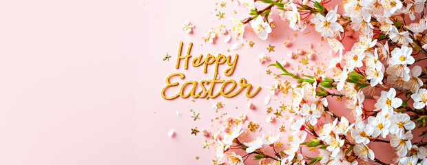 Luxury Gold and Pink Easter Eggs with Happy Easter Greeting and Glitter