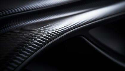 Close-up macro photo of dark, cool carbon fiber material on a red sports car's curves.. Light is reflecting off the material, creating a bright contrast.